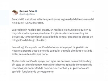 Gustavo Petro puso en manos de los alcaldes locales de Colombia la responsabilidad por los incendios que se producen por el fenómeno de El Niño - crédito @petrogustavo/X