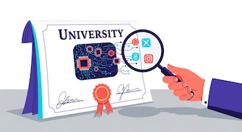 Una mano de traje sostiene una lupa sobre un diploma universitario blanco. El diploma tiene un hueco que revela circuitos y chips de IA en tonos azul y violeta.
