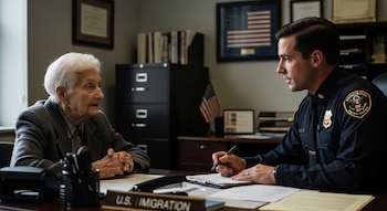 Vista lateral de una persona mayor de cabello blanco sentada frente a un oficial de inmigración uniformado en un escritorio con documentos. Un cartel de "U.S. Immigration" es visible.