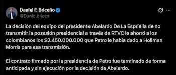 El representante a la Cámara Daniel Briceño aseguró que la cancelación del contrato con Rtvc representó un ahorro de $2.450 millones para el Estado - crédito Daniel Briceño/X