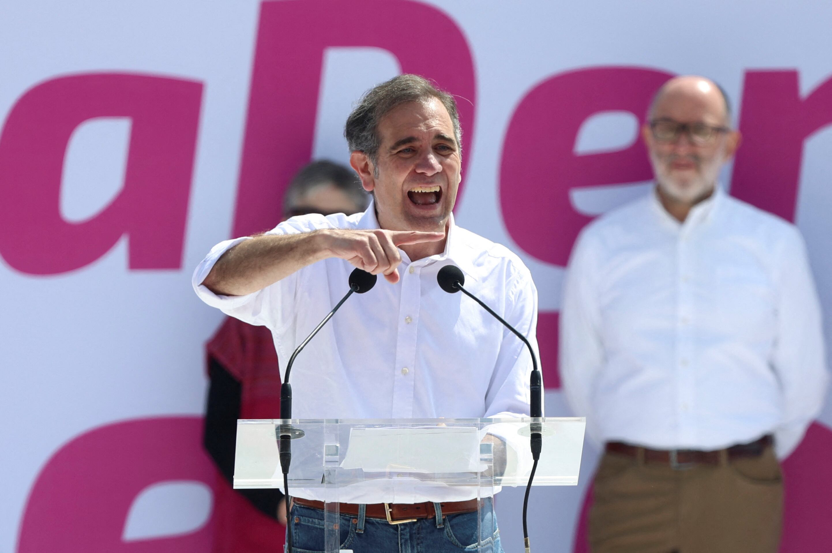 Lorenzo Cordova, former president of INE, speaks as Mexican opposition groups hold a protest against government of Mexico