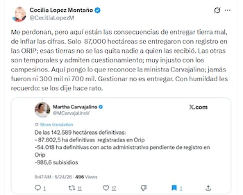 Cecilia López Montaño sostuvo que solo cerca de 87.000 hectáreas tendrían registro en las ORIP dentro de la política de tierras - crédito @CeciliaLopezM/X
