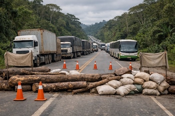 Vista horizontal de una caravana de camiones y buses detenidos en una carretera amazónica. El camino está bloqueado por troncos, sacos y conos de tráfico.