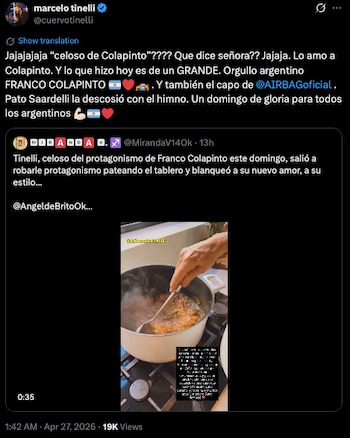 Captura de pantalla de un tweet de Marcelo Tinelli y una respuesta de usuario, con un video incrustado mostrando una persona cocinando en una olla