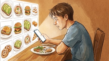 Un joven sentado a una mesa sostiene un teléfono que proyecta una cuadrícula con imágenes de comida frente a un plato servido.