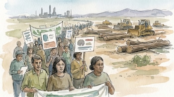 Un grupo de personas marcha con pancartas frente a troncos de árboles talados y maquinaria de construcción. Al fondo, edificios industriales y montañas.