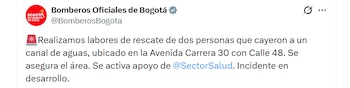 Reporte oficial de los Bomberos tras atender la situación en la capital del país - crédito @BomberosBogota / X