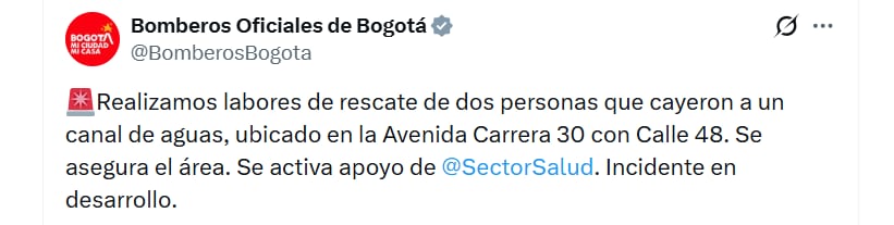 Reporte oficial de los Bomberos tras atender la situación en la capital del país - crédito @BomberosBogota / X