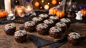 Doce pastelitos de chocolate con dibujo de telaraña sobre una tabla de madera, rodeados de calabazas pequeñas, velas encendidas y un farol.