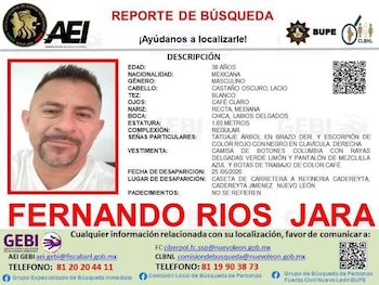 Esta es la ficha de búsqueda emitida por la Fiscalía General de Justicia de Nuevo León. (Crédito: Fiscalía de Nuevo León)