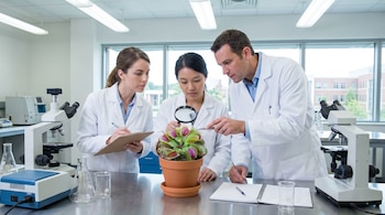 Tres científicos con batas blancas estudian una Venus atrapamoscas en un laboratorio, usando una lupa y pinzas. Hay microscopios y material de laboratorio alrededor.