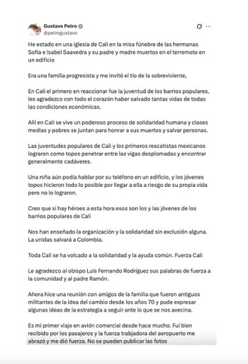 Gustavo Petro y su mensaje tras las exequias de la familia Saavedra