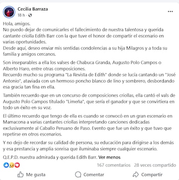 Cecilia Barraza se despide de Edith Barr