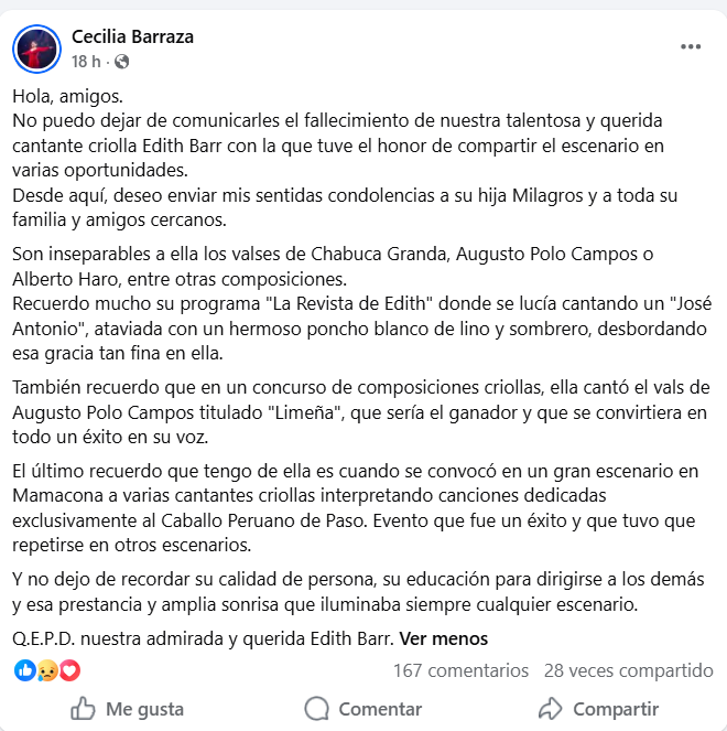 Cecilia Barraza se despide de Edith Barr