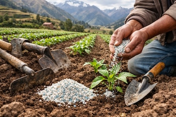 Primer plano de manos aplicando fertilizante granulado a plantas jóvenes en un campo de cultivo. Se ven herramientas agrícolas y montañas al fondo.