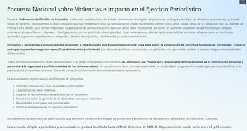 Formulario de la Encuesta Nacional sobre Violencias e Impactos en el Ejercicio Periodístico, que busca medir agresiones, afectaciones laborales y riesgos en el ejercicio del periodismo en Colombia - crédito Defensoría del Pueblo
