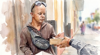 Ilustración en acuarela de un hombre con gafas de sol y riñonera que recibe una caja de cartón de manos de otra persona.