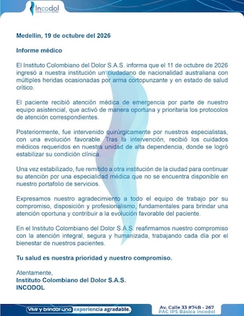 El ciudadano australiano apuñalado en Medellín fue trasladado a una nueva institución médica el 19 de octubre para recibir atención especializada - crédito Incodol