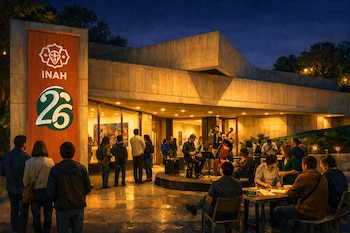 Vista exterior nocturna de un museo moderno iluminado, con grupos de personas participando en un concierto de jazz y talleres. Un banner rojo con el logo del INAH y el número 26 es visible a la izquierda.