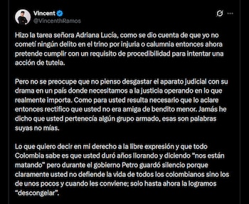 Ramos sostuvo que su publicación no constituía injuria ni calumnia y acusó a Adriana Lucía de preparar una eventual acción de tutela - crédito X