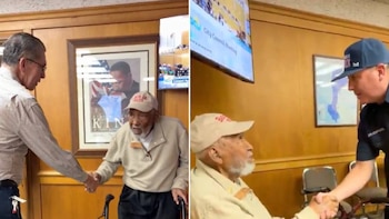 Composición de dos imágenes: un hombre anciano afroamericano con gorra y camisa claras, usando un andador, estrecha la mano de dos hombres diferentes en un interior