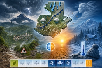 Mapa de Guatemala con flechas azules, junto a zonas con lluvia, sequía y nieve, además de un termómetro y símbolos climáticos.