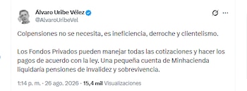 El expresidente Álvaro Uribe Vélez aseguró que Colpensiones debería dejar de funcionar y que solo los fondos privados administren los ahorros de los ciudadanos - crédito @AlvaroUribeVel/X