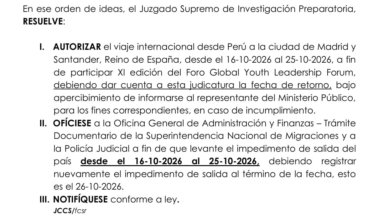 El Juzgado Supremo de Investigación Preparatoria de Perú autoriza un viaje a España del 16 al 25 de octubre de 2026 y levanta temporalmente el impedimento de salida del país.