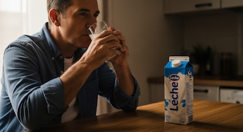 Un hombre con camisa de mezclilla bebe de un vaso de vidrio. Sobre una mesa de madera hay un envase de cartón blanco y azul con la palabra Leche.