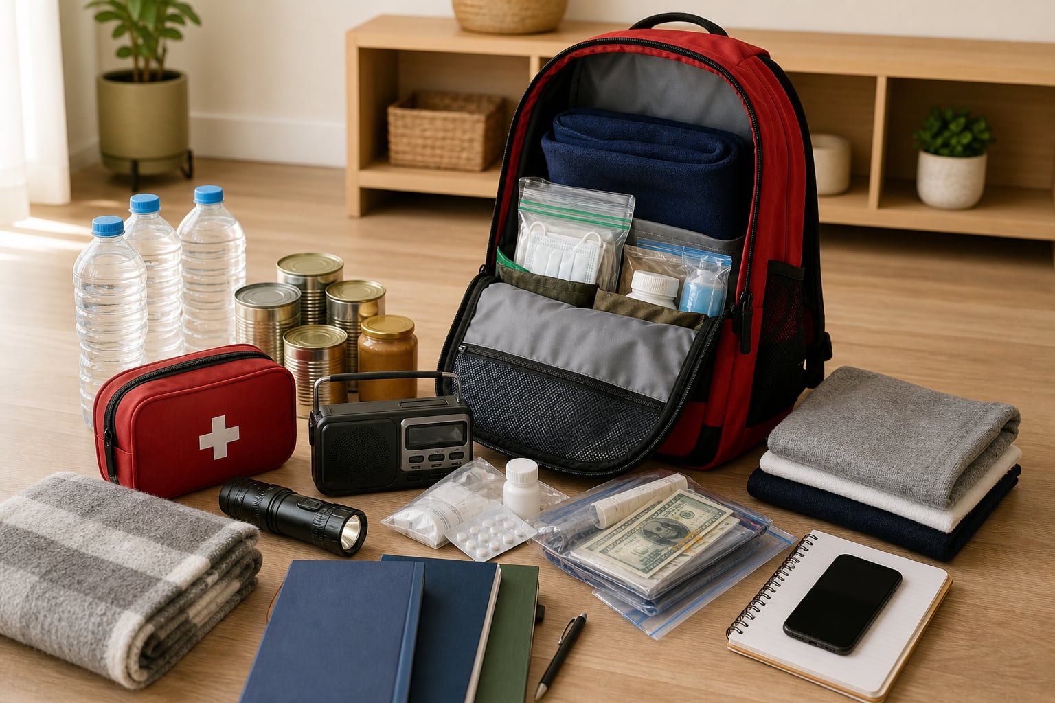 Una mochila de emergencia abierta reúne suministros básicos como agua, latas de comida, botiquín, linterna y radio para la preparación familiar ante desastres. (Imagen Ilustrativa Infobae)