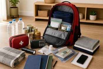 Mochila roja abierta con agua embotellada, latas, botiquín, radio, linterna, ropa doblada, dinero y cuadernos sobre un suelo de madera.