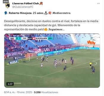 Posteo donde Llaneros confirma la