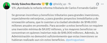 La concejal Heidy Sánchez Barreto cuestionó los incentivos tributarios contemplados en la reforma aprobada por el Concejo de Bogotá - crédito Heidy Sánchez/X