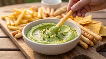 Un tazón de humus de arvejas con aceite de oliva y sésamo en una tabla de madera. Una mano sumerge un grisín, junto a papas fritas y nachos.