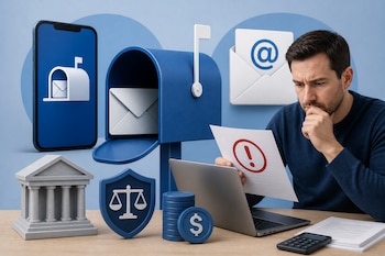 Un hombre mira un documento con un símbolo de exclamación frente a una computadora portátil, un buzón azul y un modelo de banco.