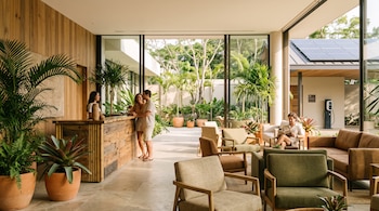 Personas en la recepción de un hotel con muebles de madera, plantas, paneles solares al fondo y una estación de carga eléctrica.