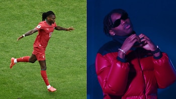 Dos fotografías lado a lado: un hombre con camiseta roja de fútbol corriendo sobre césped; un hombre con chaqueta roja y gafas de sol sobre fondo azul