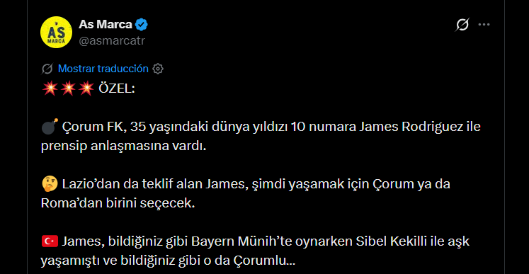 El Corum de Turquía sería el nuevo equipo de James Rodríguez, a falta de otras ofertas en el exterior - crédito @asmarcatr/X