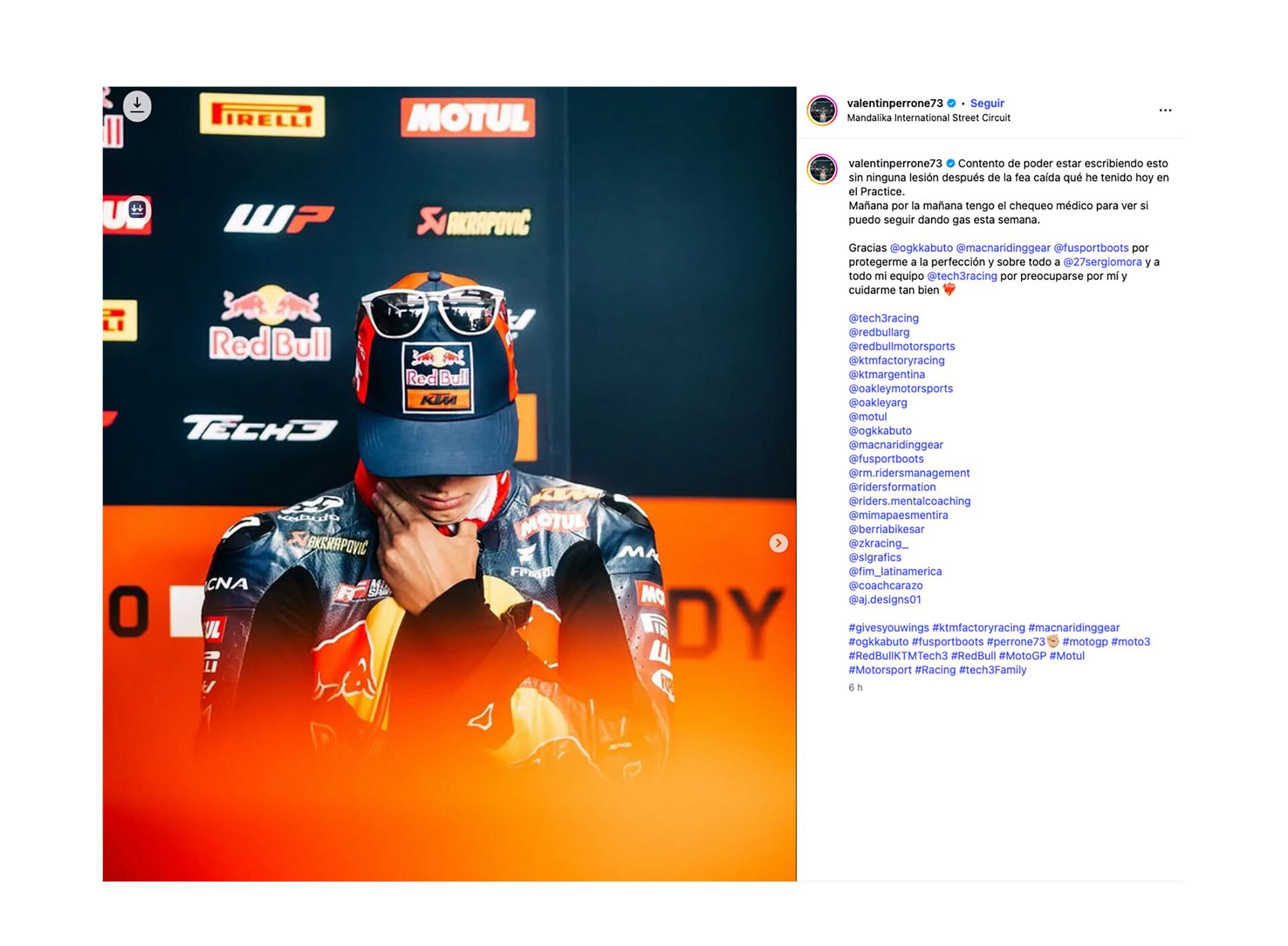 El posteo de Valentín Perrone tras su accidente
