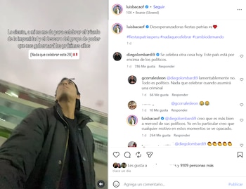 Captura de pantalla de Instagram con el actor Luis Baca, vestido de negro, mirando hacia arriba. Se lee texto sobre su rechazo a las Fiestas Patrias de Perú