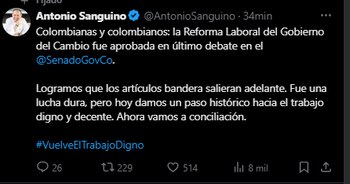 El ministro de Trabajo aseguró que la mayoría artículos clave del Gobierno fueron aprobados - crédito @AntonioSanguino/X