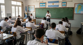 Aula de escuela con alumnos y docente. La mayoría de los alumnos y el docente miran sus teléfonos celulares. Hay banderas argentinas y mapas en las paredes.