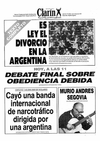 Portadadel diario Clarín del 4 de junio de 1987 en blanco y negro, mostrando titulares como "ES LEY EL DIVORCIO EN LA ARGENTINA" e imágenes asociadas a las noticias
