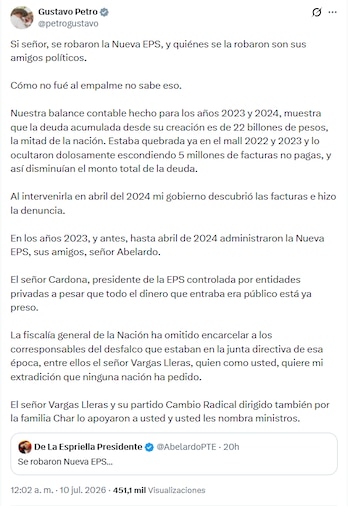 El presidente saliente sostuvo que, en el balance del periodo 2023-2024, la deuda de la Entidad Promotora de Salud equivalía a cerca de la mitad del Presupuesto General de la Nación - crédito @petrogustavo/X