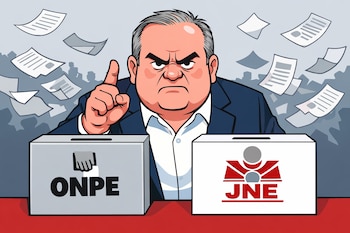 Caricatura de Rafael López Aliaga, un hombre robusto con saco azul, dedo levantado y expresión severa, frente a urnas de ONPE y JNE, con papeles volando.