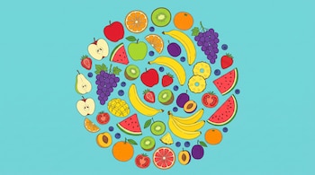 Ilustración de frutas: manzanas, naranjas, kiwis, bananas, uvas, sandía, fresas, pera, mango, ciruela, ananá, arándanos, toronja, tomate, durazno, en un círculo sobre fondo azul turquesa.