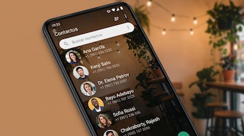 Teléfono con aplicación de contactos de Android abierta, mostrando lista de usuarios con fotos de perfil y nombres. Fondo borroso con luces cálidas y plantas.
