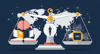 Ilustración plana de una balanza con un cerebro y libros en un platillo, y un chip con circuitos digitales en el otro. Fondo de mapa mundial con conexiones y figura humana.