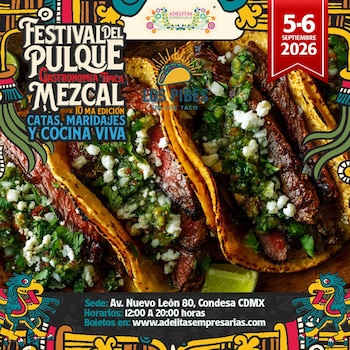 Cartel con tres tacos de carne asada con salsa verde y queso, con texto que anuncia un festival gastronómico para septiembre de 2026