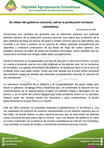 Parte del comunicado de Dignidad Agropecuaria - crédito @Dignidad_Agro/X